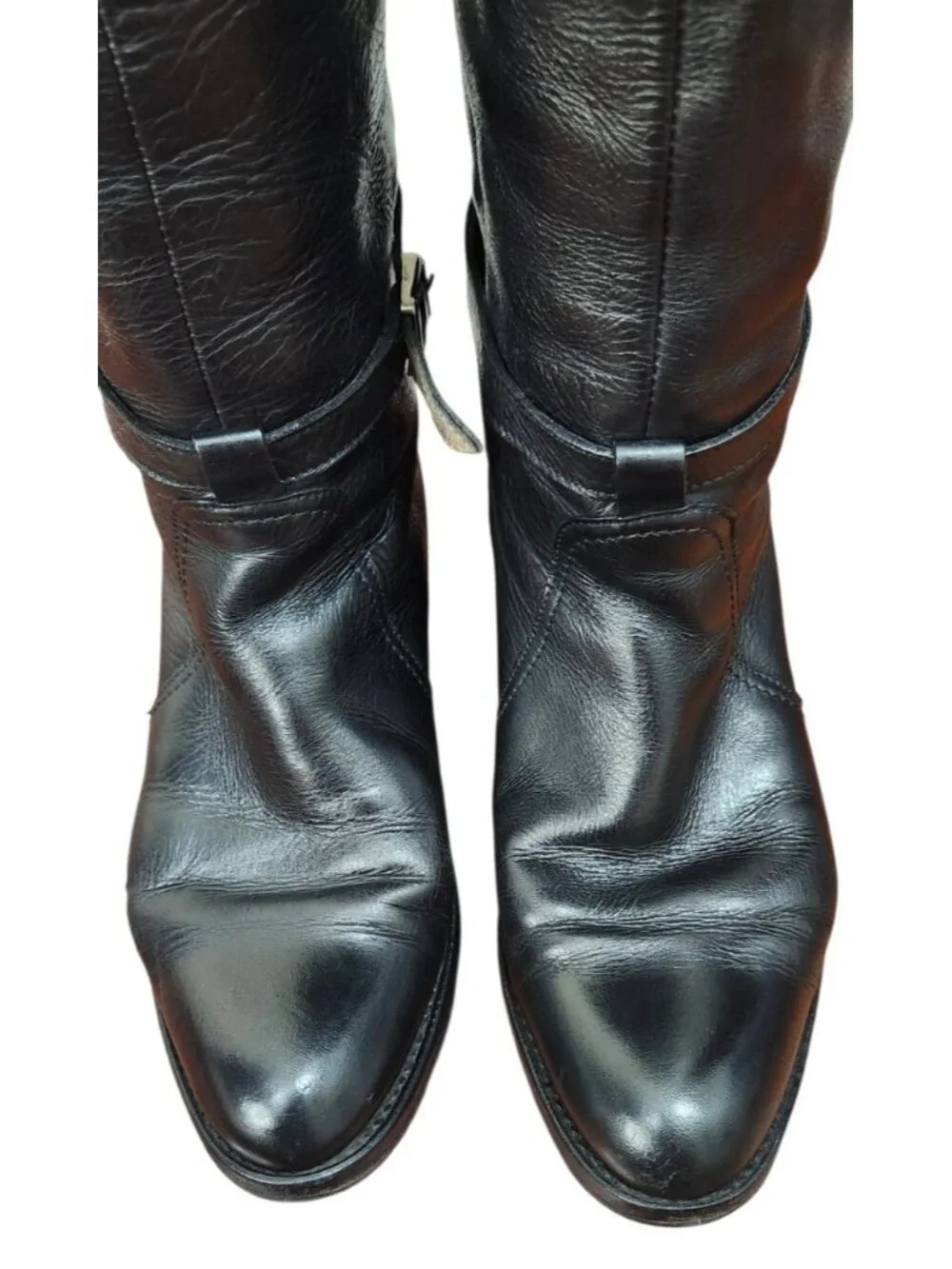 FRYE Black Leather Tall Riding Boots Size 8 Made in Spain Goodyear Welt Buckle